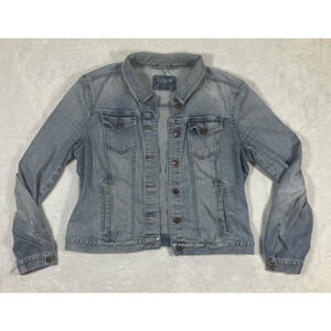 LOFT Womens Denim Jacket Size Large Light Wash Button Front Jean Coat Distressed